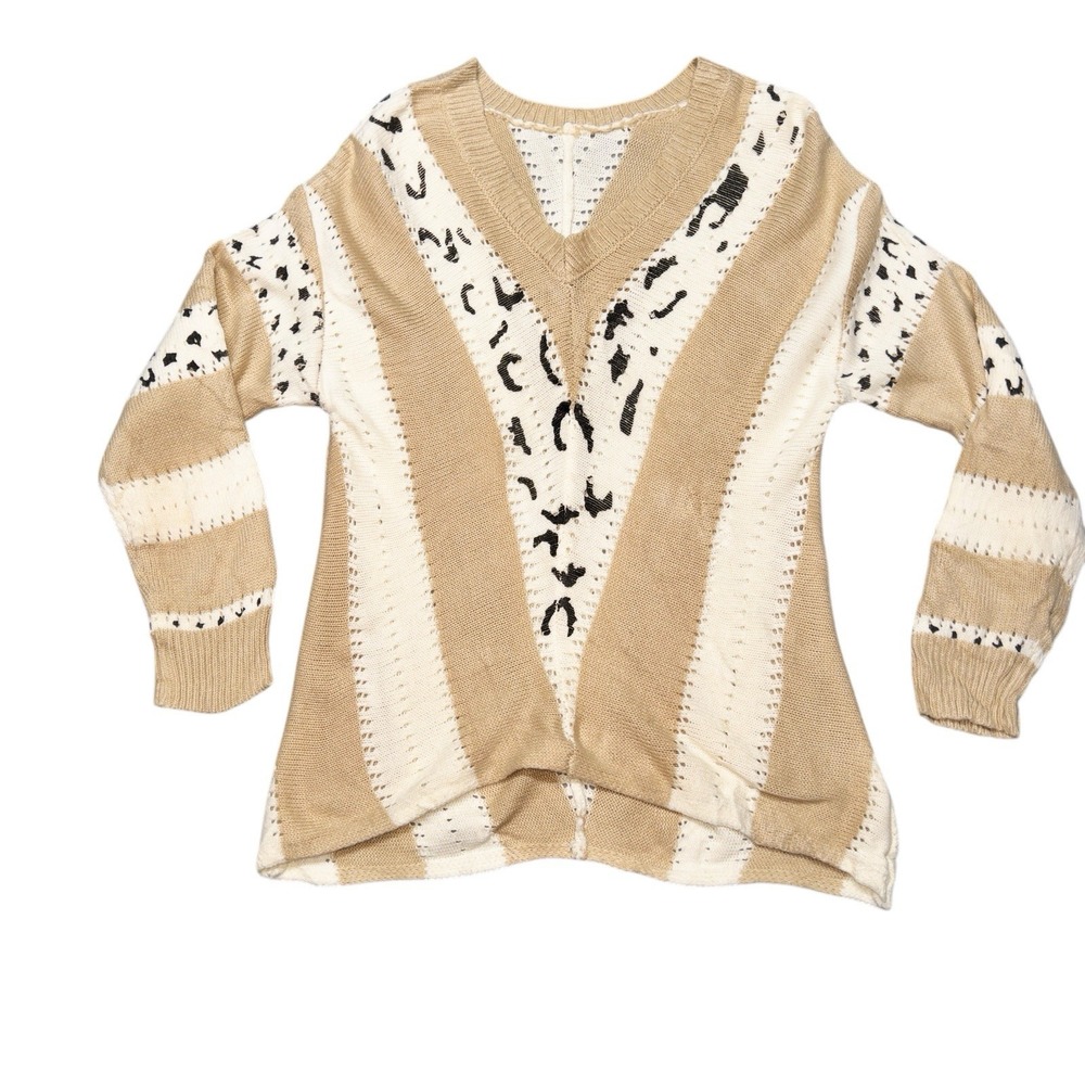 Womens Knit Animal Print Acrylic Sweater Camel And White Stripe‎ Small